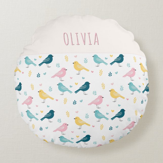 Whimsical Bird Pattern Personalized Pink & Teal Rundes Kissen (Vorderseite)