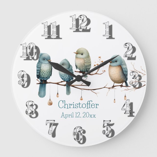 Whimsical Birds on Branches Pastel Baby Shower Große Wanduhr (Vorderseite)