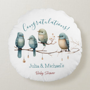 Whimsical Birds on Branches Pastel Baby Shower Rundes Kissen
