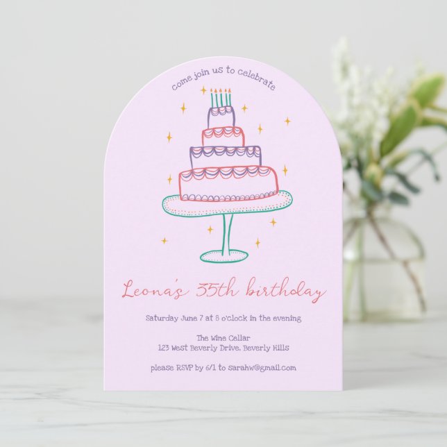 Whimsical Birthday Cake Custom Colorful Party Arch Einladung (Stehend Vorderseite)