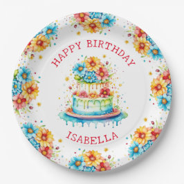Whimsical Birthday Cake Illustration Personalisier Pappteller