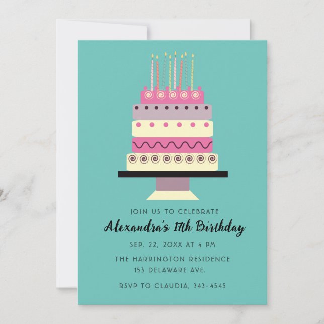Whimsical Birthday Cake Retro Pink Aquamarine Einl Einladung (Vorderseite)