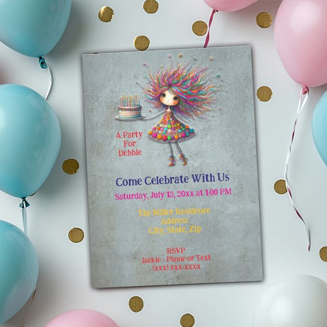 Whimsical Birthday Girl Holding Cake Einladung (Von Creator hochgeladen)