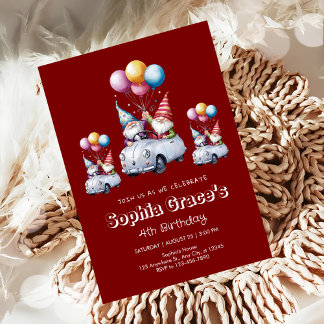 Whimsical Birthday Gnomes in Fahrzeugen Einladung