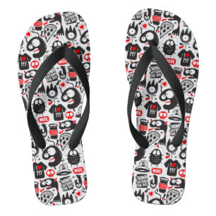 Whimsical Black and Red Monster Doodle Flip Flops