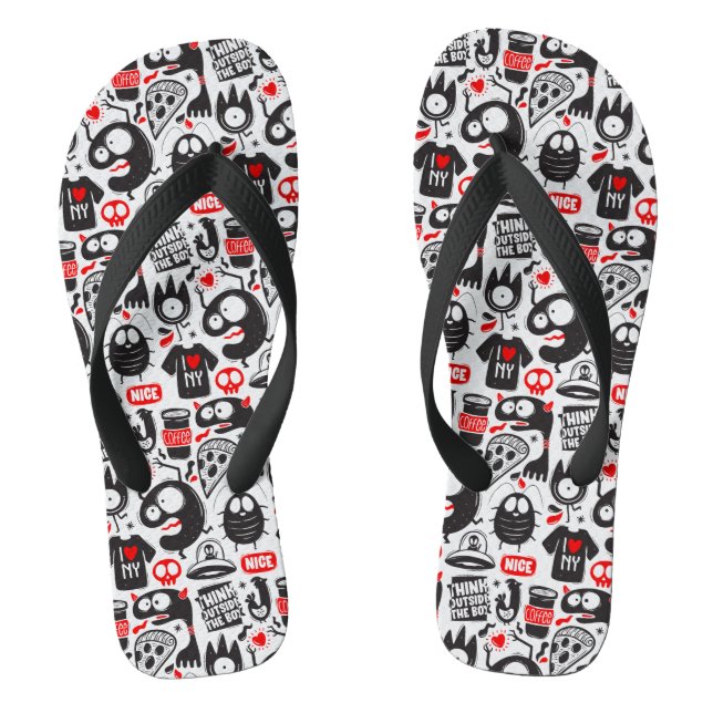 Whimsical Black and Red Monster Doodle Flip Flops (Fußbett)