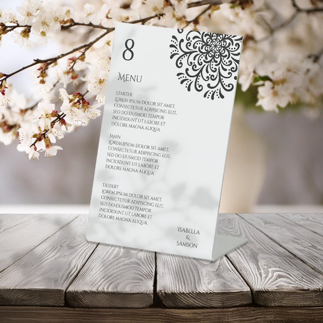 Whimsical Black and White Blüh Wedding Menu Sockelschild (Von Creator hochgeladen)