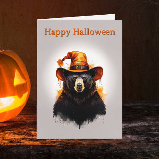 Whimsical Black Bear Orange Hexenhut Halloween Karte