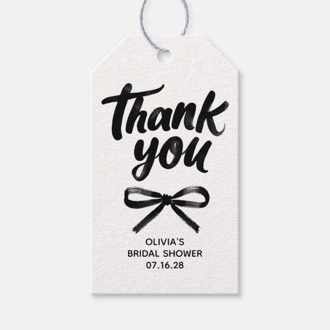 Whimsical Black Bow Handwritten Bridal Thank You Geschenkanhänger (Vorderseite)
