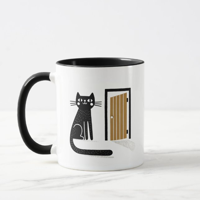 Whimsical Black Cat an der Tür Gewartet Tasse (Links)