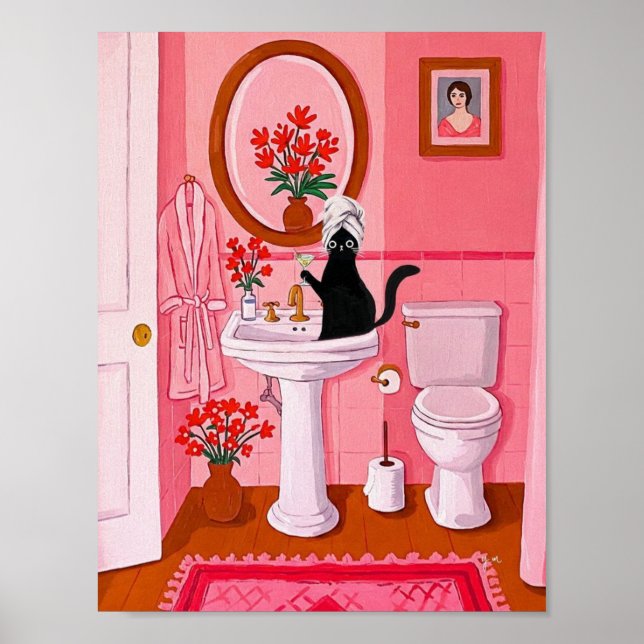 Whimsical Black Cat Badezimmer-Kunst – Rosa Weibli Poster (Vorne)