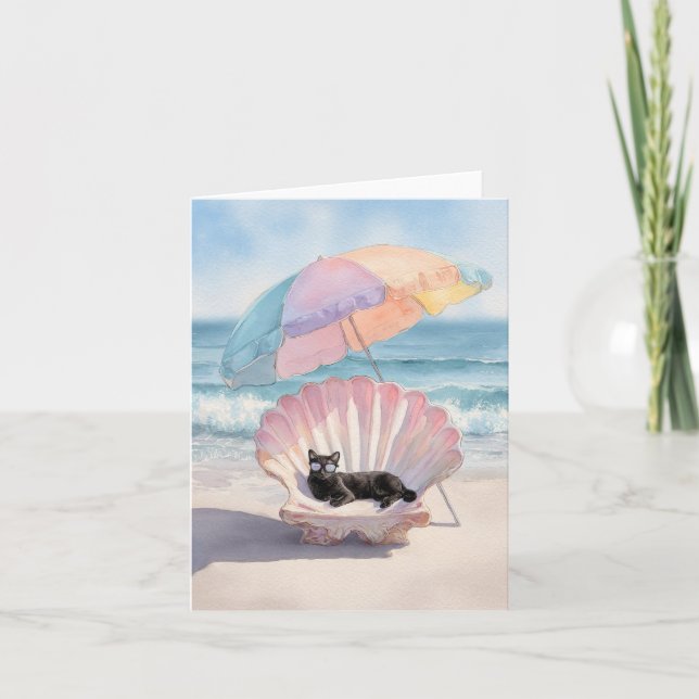 Whimsical Black Cat Beach Card Karte (Vorderseite)