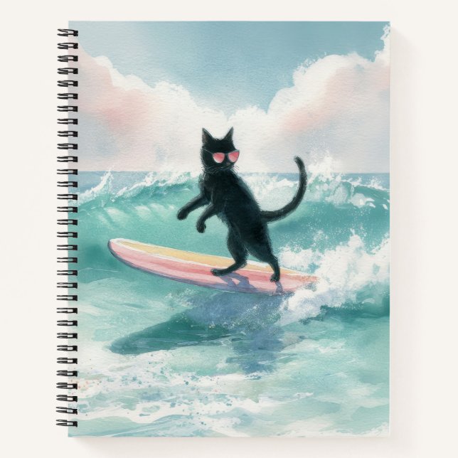 Whimsical Black Cat Beach Notebook Notizbuch (Vorderseite)