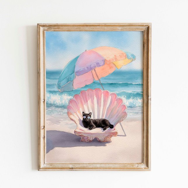 Whimsical Black Cat Beach Print: Seashell Chair Poster (Von Creator hochgeladen)