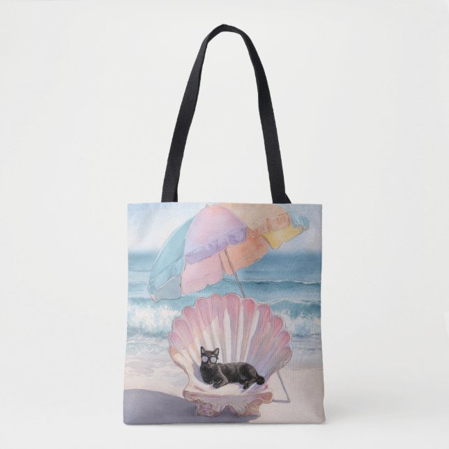 Whimsical Black Cat Beach Tasche (Vorderseite)