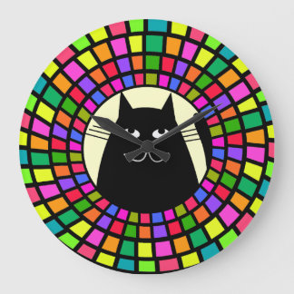 Whimsical Black Cat Clock Mosaic Style Art 2 Große Wanduhr