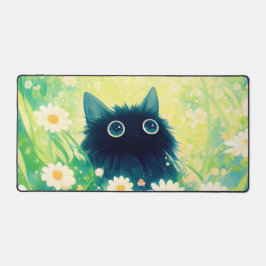 Whimsical Black Cat Daisy Meadow Teal Sky Schreibtischunterlage