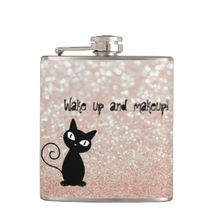 Whimsical Black Cat Glittery Weckte auf und Make-u Flachmann