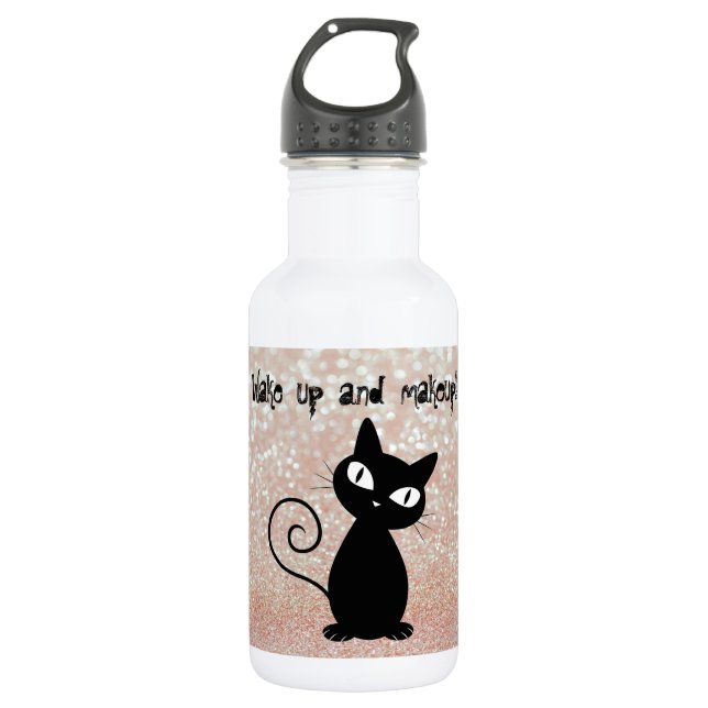 Whimsical Black Cat Glittery Weckte auf und Make-u Trinkflasche (Vorderseite)
