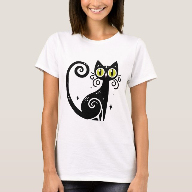 Whimsical Black Cat Illustration T-Shirt (Vorderseite)