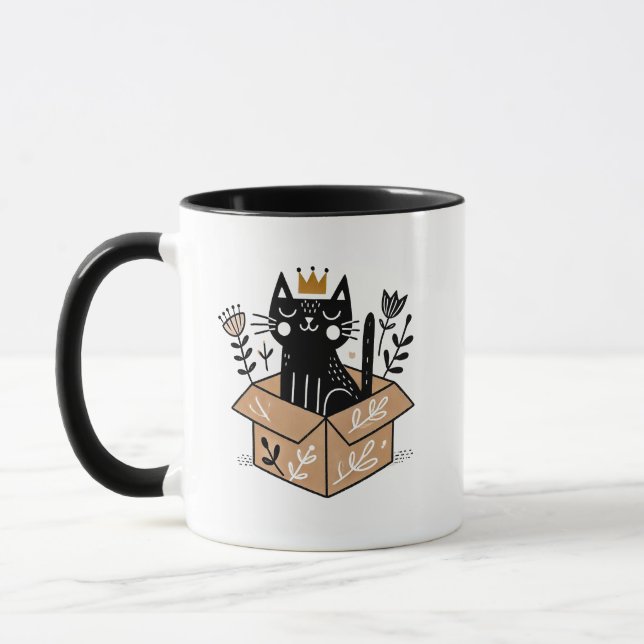 Whimsical Black Cat in einer Kiste mit Kronen Tasse (Links)