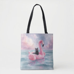 Whimsical Black Cat in Flamingo Float Tasche