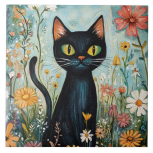 Whimsical Black Cat mit Wildblumen Illustration Fliese