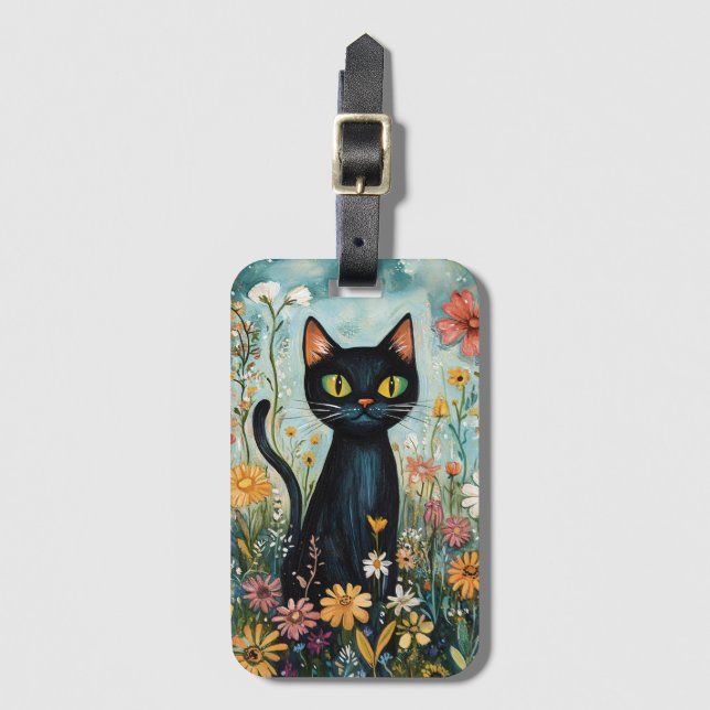 Whimsical Black Cat mit Wildblumen Illustration Gepäckanhänger (Vorderseite Vertikal)