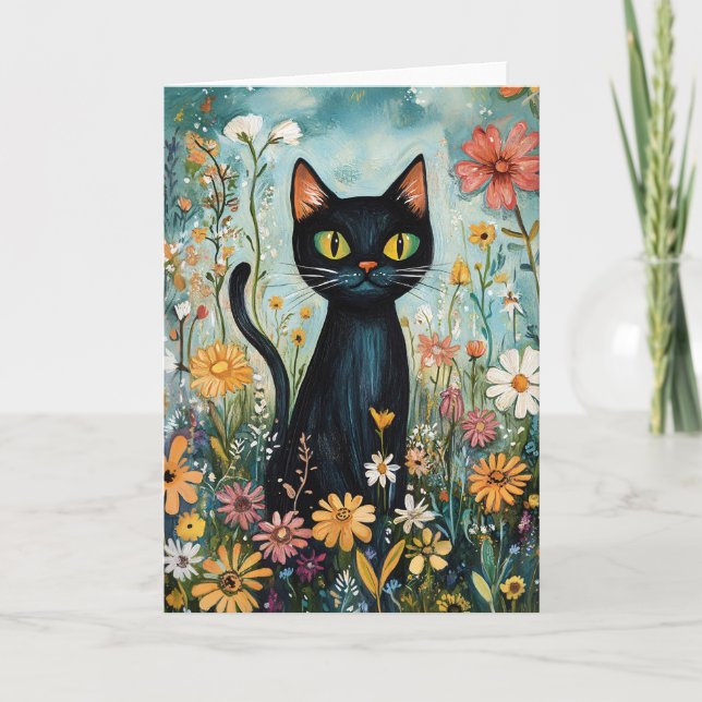 Whimsical Black Cat mit Wildblumen Illustration Karte (Vorderseite)