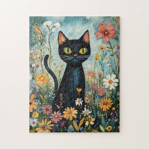 Whimsical Black Cat mit Wildblumen Illustration Puzzle