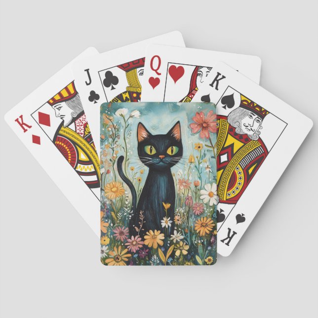 Whimsical Black Cat mit Wildblumen Illustration Spielkarten (Rückseite)