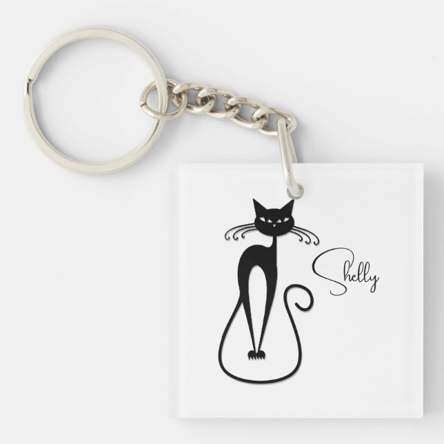 Whimsical Black Cat Personal Schlüsselanhänger (Vorderseite)