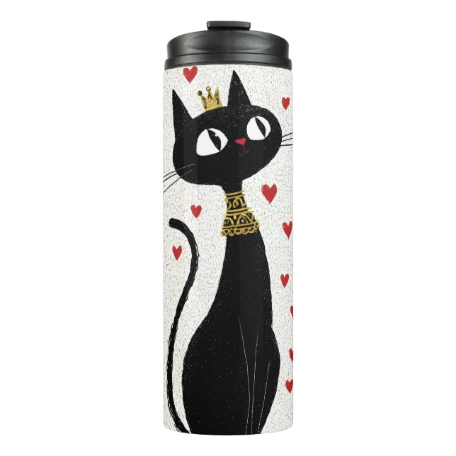 Whimsical Black Cat Queen mit Gold Crown Thermosbecher (Vorderseite)