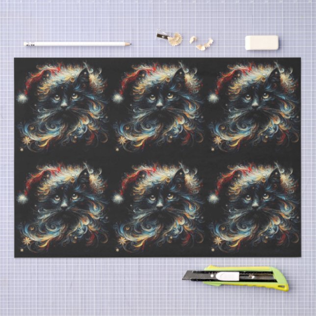 Whimsical Black Cat Santa Christmas Hat Decoupage Seidenpapier (Handwerk)