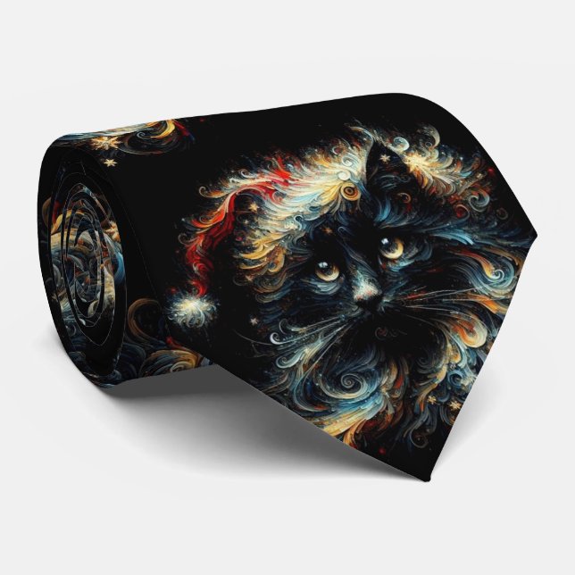 Whimsical Black Cat Santa Christmas Hat saisonale Krawatte (Gerollt)