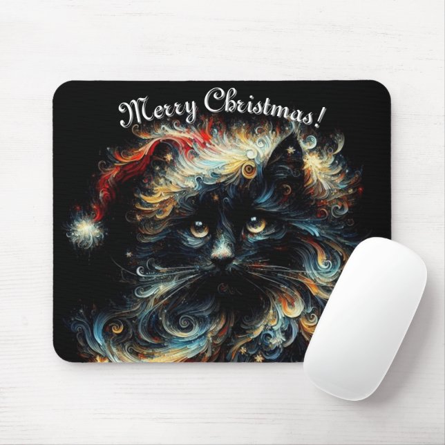 Whimsical Black Cat Santa Christmas Hat saisonale Mousepad (Mit Mouse)