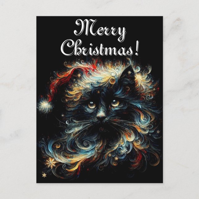 Whimsical Black Cat Santa Christmas Hat saisonale Postkarte (Vorderseite)