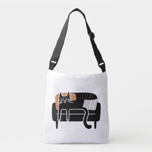 Whimsical Black Cat Schlafen auf Couch Tragetaschen Mit Langen Trägern (Vorderseite)