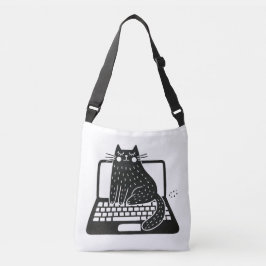 Whimsical Black Cat sitzend auf Laptop Tragetaschen Mit Langen Trägern