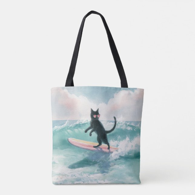 Whimsical Black Cat Surfer Tasche (Rückseite)