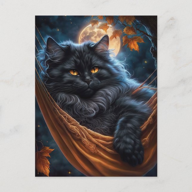 Whimsical Black Cat unter dem Halloween-Mond Postkarte (Vorderseite)