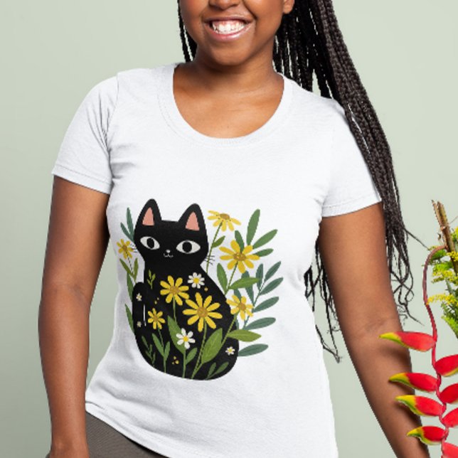 Whimsical Black Cat with Yellow Flowers  T-Shirt (black cat t-shirt)