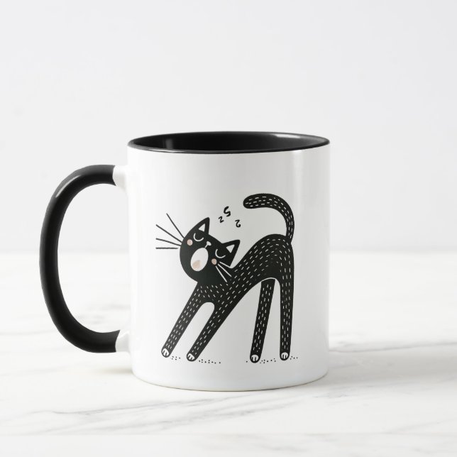 Whimsical Black Cat Yawning and Stretching Tasse (Links)