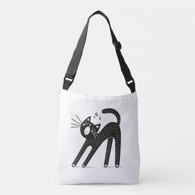 Whimsical Black Cat Yawning and Stretching Tragetaschen Mit Langen Trägern (Vorderseite)
