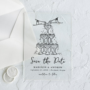 Whimsical Black Champagne-Turm Save-the-Date-Karte Acryleinladungen
