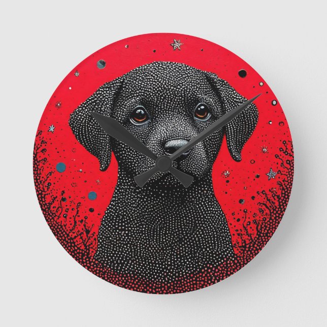 Whimsical Black Dog Runde Wanduhr (Vorderseite)