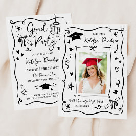 Whimsical Black Doodle Photo Grad Party Einladung