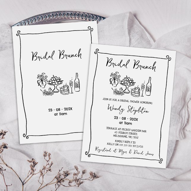 Whimsical Black Gezeichnet Bridal Brunch Brautpart Einladung (Whimsical Black Hand Drawn Bridal brunch Bridal Shower Invitation, Quirky Trendy Bridal Shower )