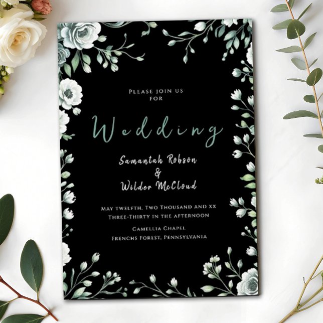 Whimsical Black Greenery und Gold Wedding Einladung (Von Creator hochgeladen)