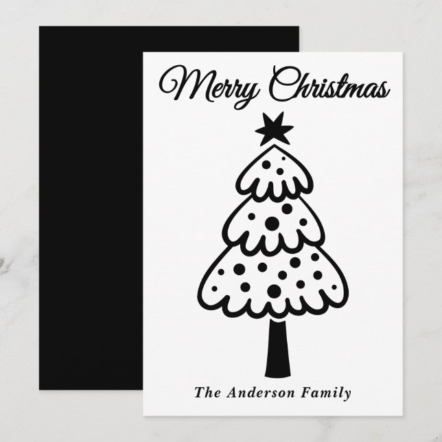 Whimsical Black Hand Drawn Weihnachtsbaum Feiertagskarte (Vorne/Hinten)